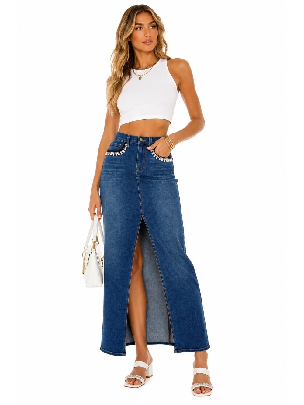 Ramy Brook Madalyn Embellished Denim Maxi Skirt Size 28 Pearl Crystal